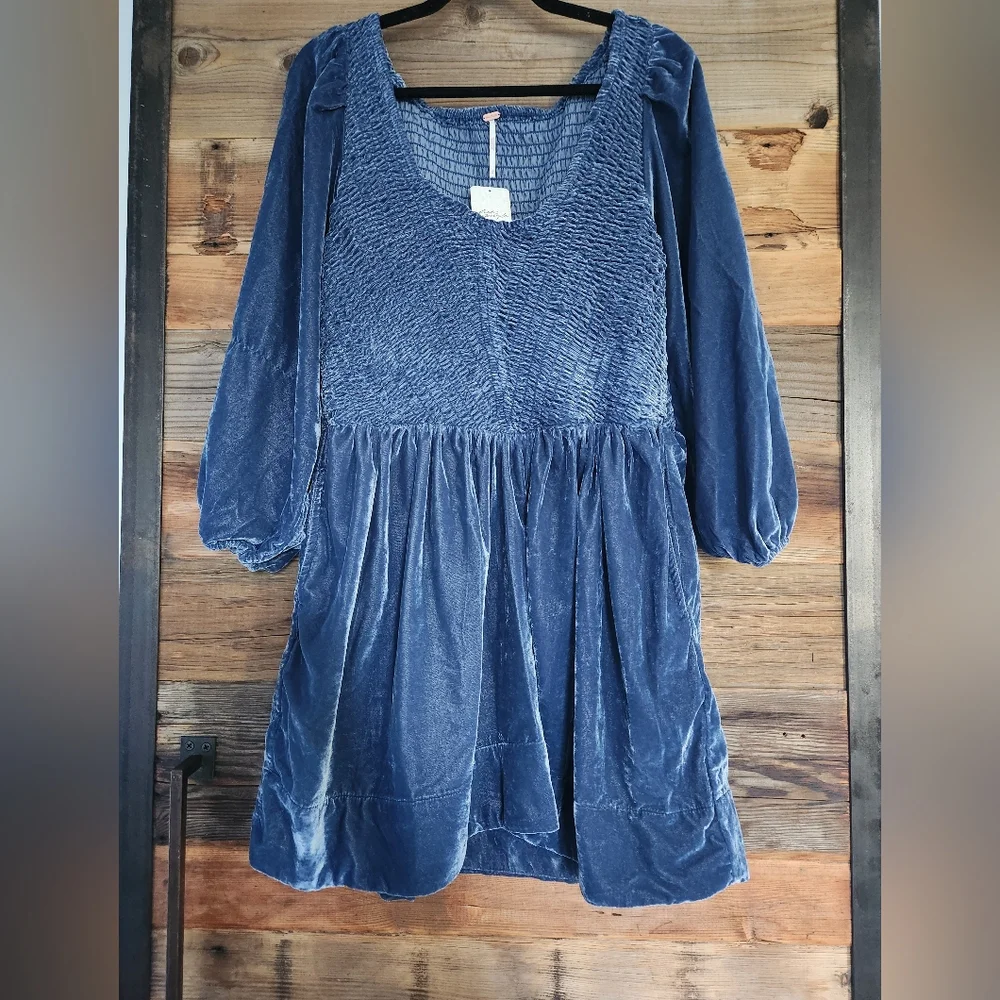 NWT Free People Farrier Velvet mini dress harbor blue Color Size L - Picture 5 of 7